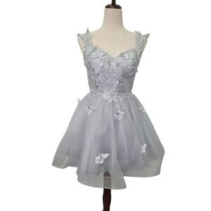 NWT Silver Size 10 Short Butterfly Cocktail Dress Tulle Skirt and Corset back